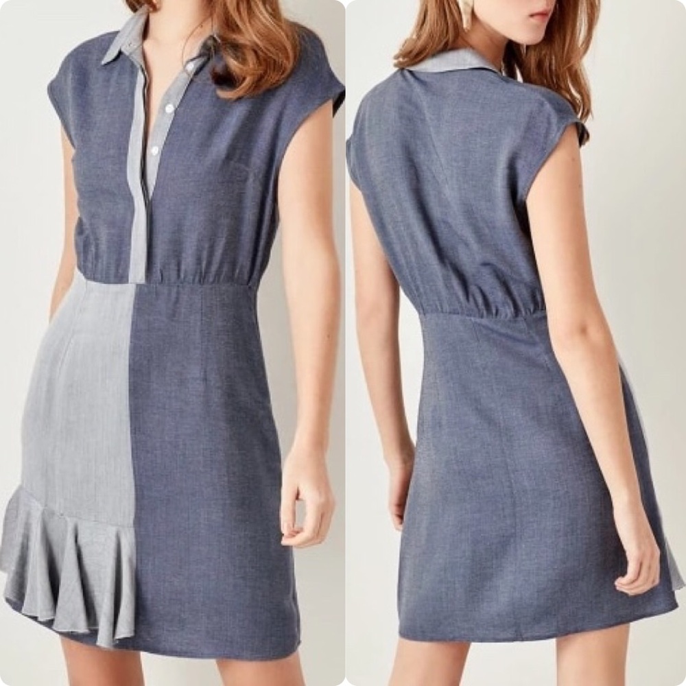 Contrasting Print Chambray Ruffle Hem Dress